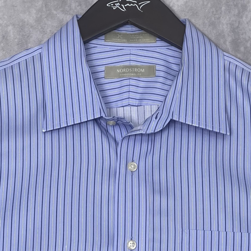 Nordstrom Men's Dress Shirt 17/34-35 Smartcare Blue Stripe Long Sleeve Cotton